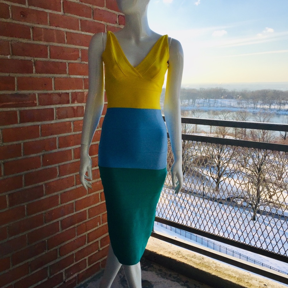 ColorBlock V-Neck Dress (Yellow/Blue/Green)-Small